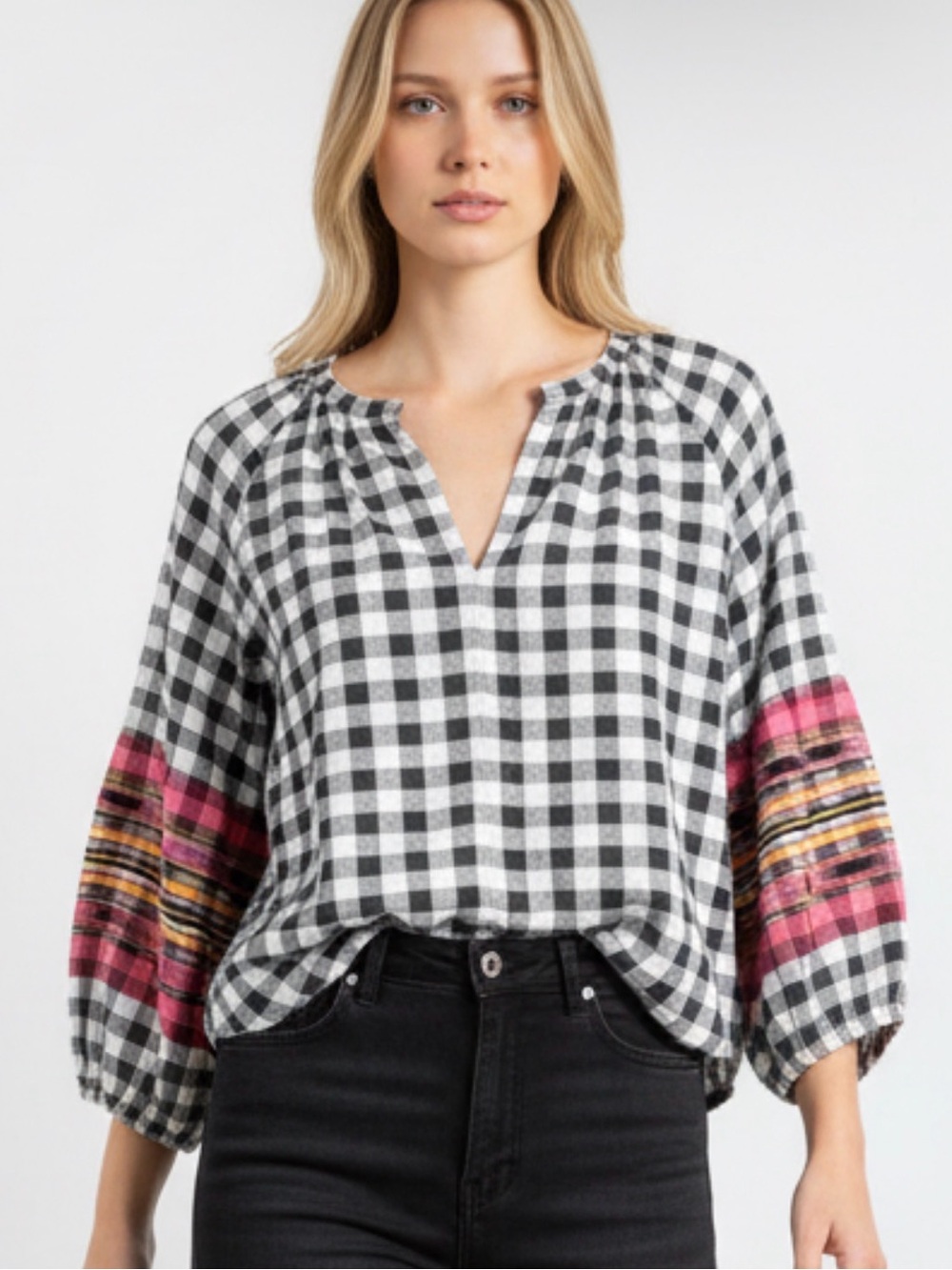 Roller Rabbit Black-and-White Gingham Peasant Top with Pink Stripe Sleeves
